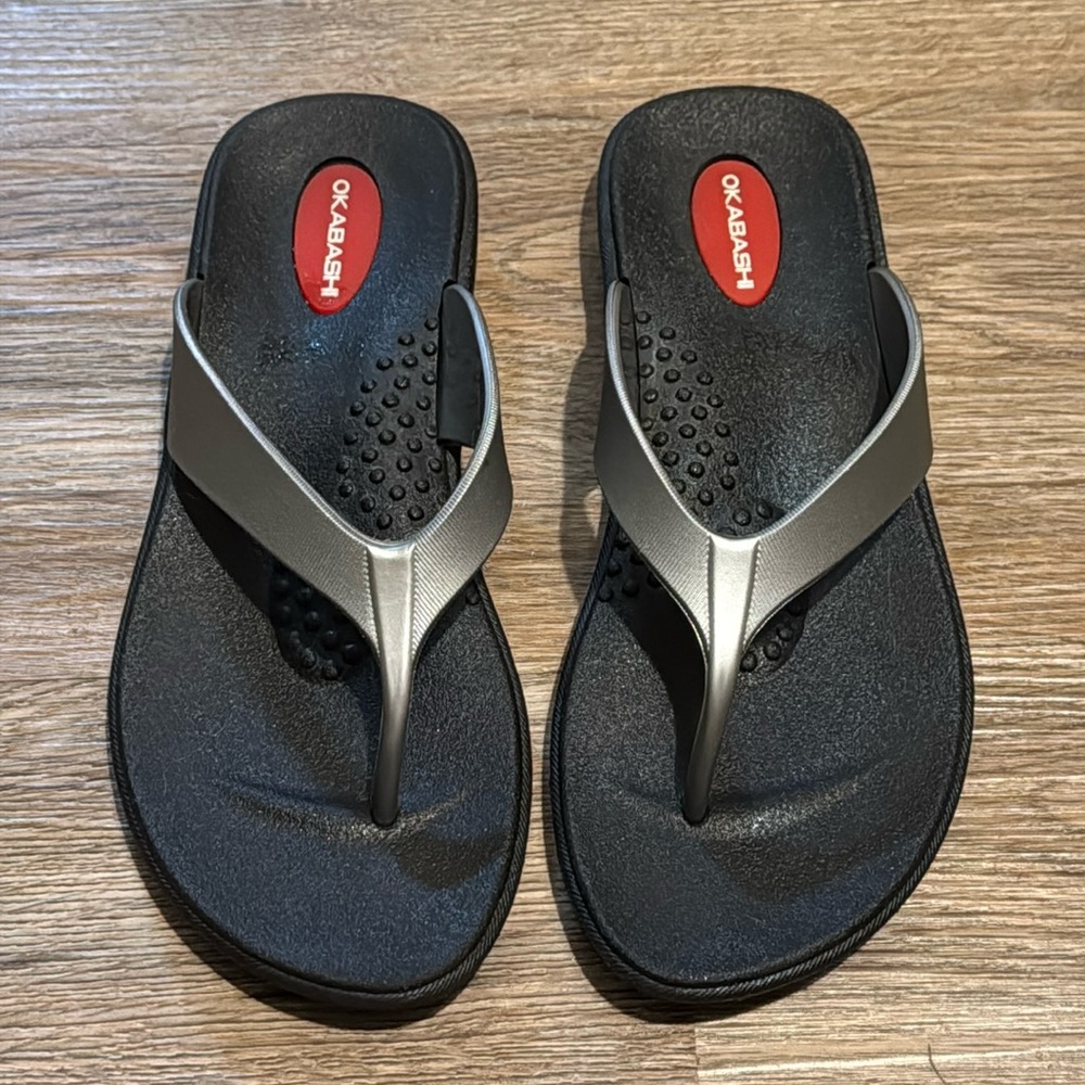 Okabashi Women’s Black & Silver Slip On Thong Sandals Size S [5-6]